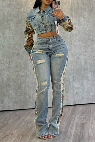 Printed Cropped Jacket and Distressed Pants Set