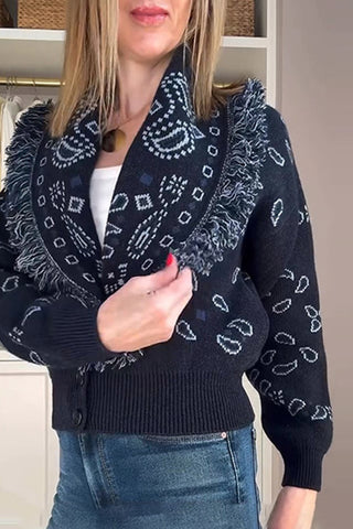 Patterned Fringe Cardigan Sweater