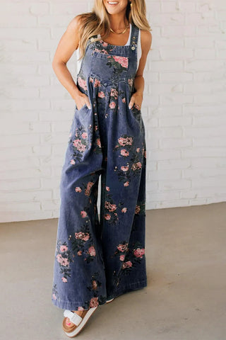Floral Denim Wide-Leg Jumpsuit