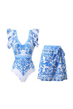 Print Ruffle Sleeve Swimsuit Set