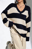 Striped V-Neck Cable Sweater