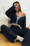Stylish Cropped Knit Cardigan and Pants Set