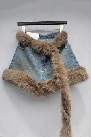 Fur-Trimmed Denim Casual Shorts