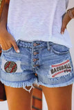 Button-Front Distressed Denim Shorts
