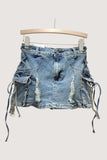 Distressed Denim Mini Skirt with Side Ties