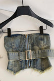 Belted Zip-Front Denim Bustier