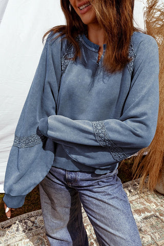 Lace Patchwork Notched Neck Sweatshirt