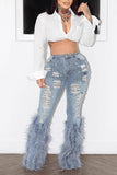 Distressed Bootcut Jeans with Feather Trim