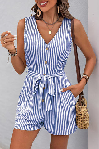 Striped Button-Front Tie-Waist Romper