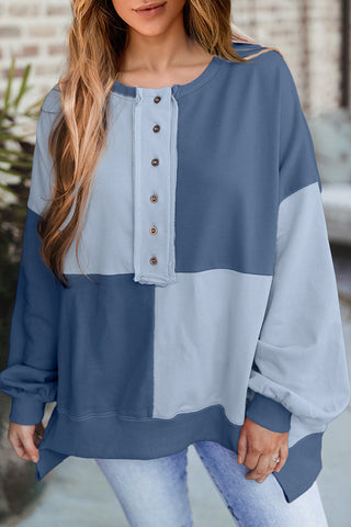 Button-Front Patchwork Sweatshirt