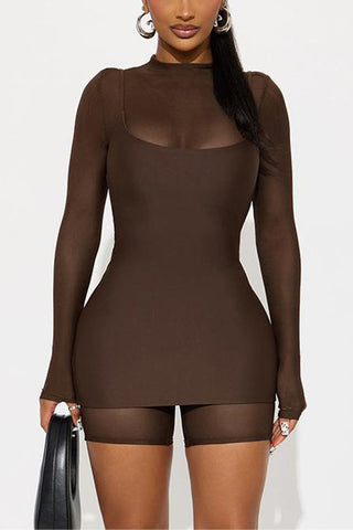 Long-Sleeve Mesh Romper with Layered Dress Set