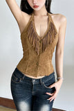 Fringe Halter Buttoned Tank Top