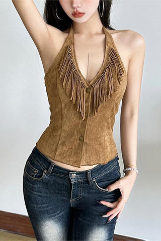 Fringe Halter Buttoned Tank Top