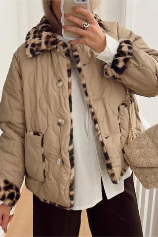 Quilted Button-Down Jacket with Leopard Trim