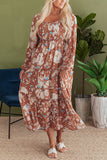 Floral Print Shirred Square Neck High Waist Maxi Dress