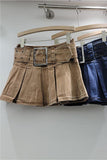 Pleated Denim Skirt with Belt