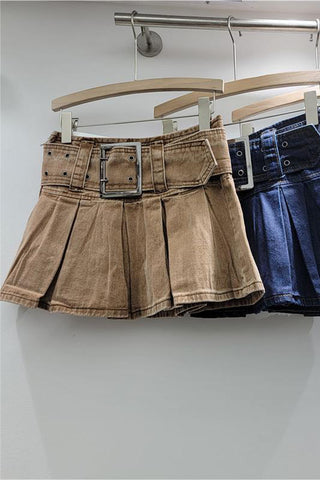 Pleated Denim Skirt with Belt
