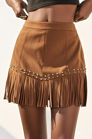 Fringe Detail Mini Skirt with Stud Accents