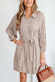 Stripe Knot Waist Puff Sleeve Mini Shirt Dress