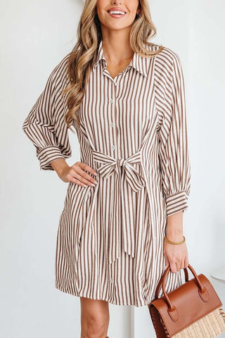 Stripe Knot Waist Puff Sleeve Mini Shirt Dress