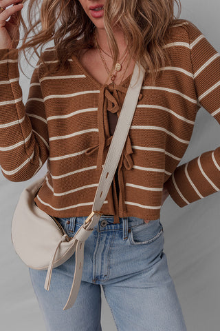 Tie Front Striped Knit V Neck Cardigan Sweater