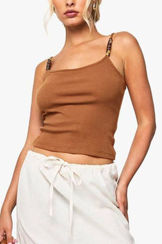 Beaded Strap Ribbed Tank Top