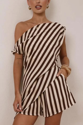 One-Shoulder Striped Casual Short Set
