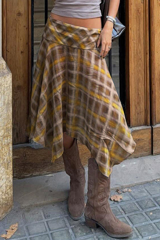 Handkerchief Hem Plaid Midi Skirt