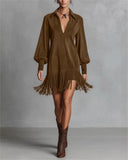 Fringe Hem Casual Dress with V-Neck
