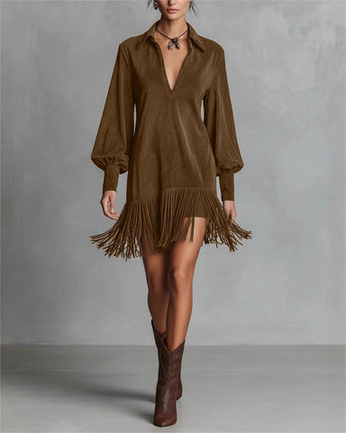 Fringe Hem Casual Dress with V-Neck