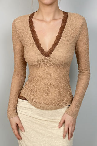 V-Neck Lace Long Sleeve Tee