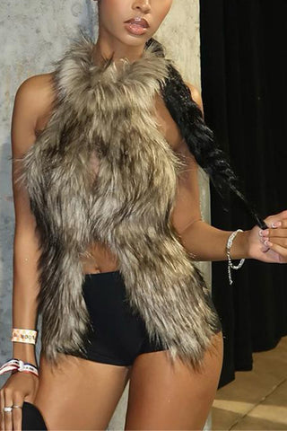 Faux Fur Halter Tank Top