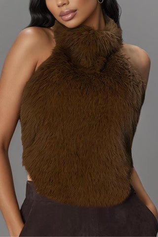 High-Neck Faux Fur Tank Top