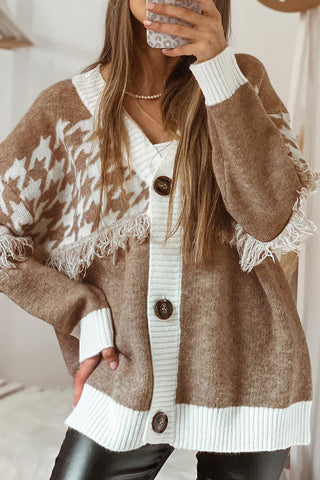 Button-Front Fringed Cardigan