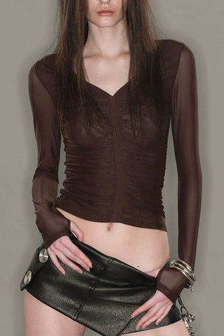 Ruched V-Neck Long Sleeve Blouse