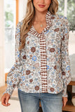 Plaid Frilled Trim V Neck Floral Blouse