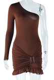 One-Shoulder Belted Ruffle Hem Dress