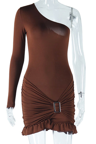 One-Shoulder Belted Ruffle Hem Dress