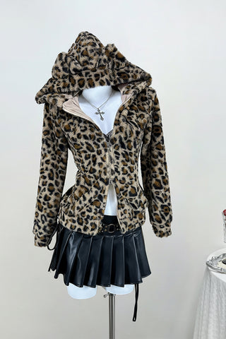 Zip-Up Hooded Leopard Print Jacket