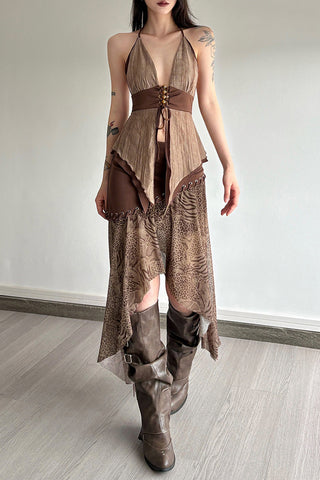 Asymmetric Hem Patchwork Leopard Skirt