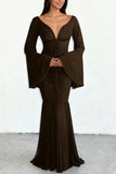 Ruched Bell-Sleeve Evening Dress