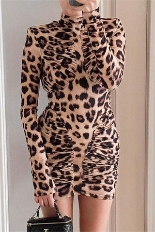 Leopard Print Ruched Casual Dress