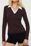 Collared V-Neck Long Sleeve Top