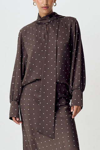 Polka Dot High-Neck Blouse with Tie