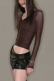 Ruched V-Neck Long Sleeve Blouse