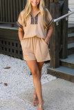 Leopard Trim Zipped Short Sleeve Casual Set