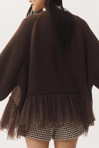 V-Neck Cardigan with Tulle Accents