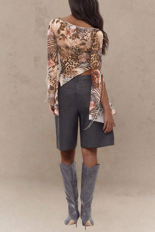 Asymmetrical Hem Floral Animal Print Blouse