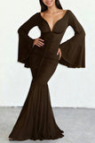 Ruched Bell-Sleeve Evening Dress