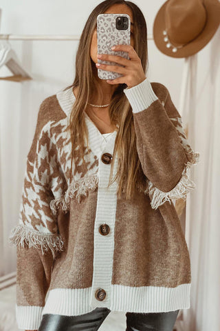 Button-Front Fringed Cardigan